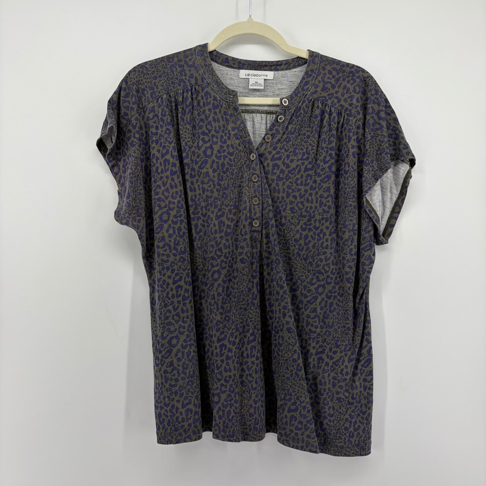 Liz Claiborne Womens XL Green Purple Leopard Henley Short Sleeve Relaxed Top